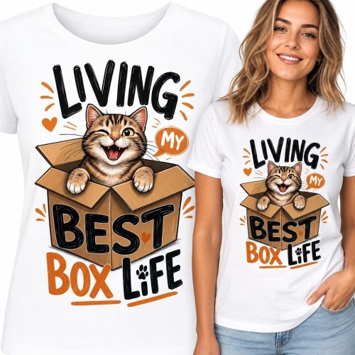 Koszulka damska z kotem w pudełku „Living My Best Box Life”