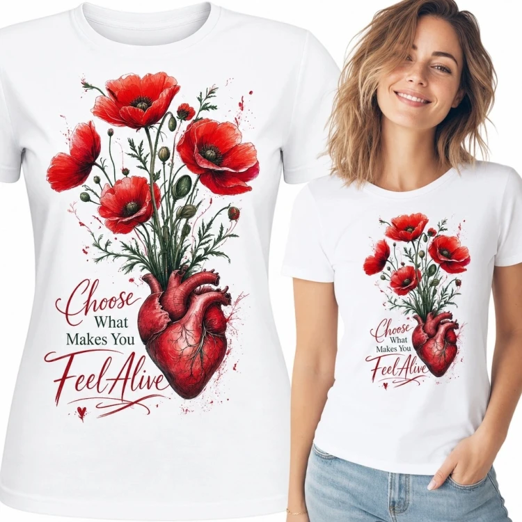 Koszulka damska z anatomicznym sercem i makami „Choose What Makes You Feel Alive”