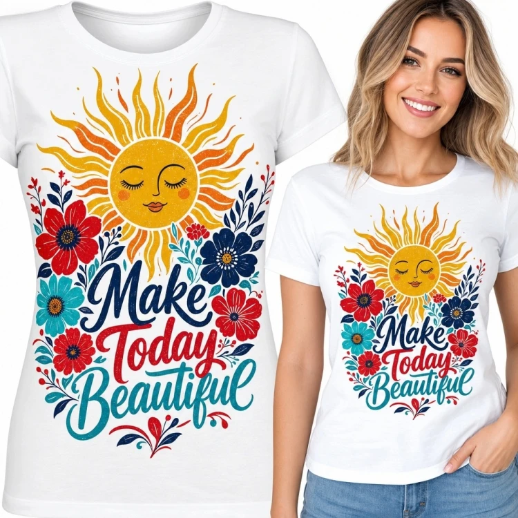Koszulka damska ze słońcem i kwiatami - „Make Today Beautiful”