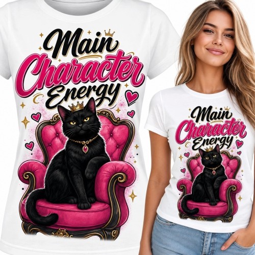 Koszulka damska „Main Character Energy” z czarnym kotem na różowym fotelu