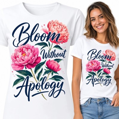 Koszulka damska z piwoniami i napisem „Bloom Without Apology” - kwiatowy motyw
