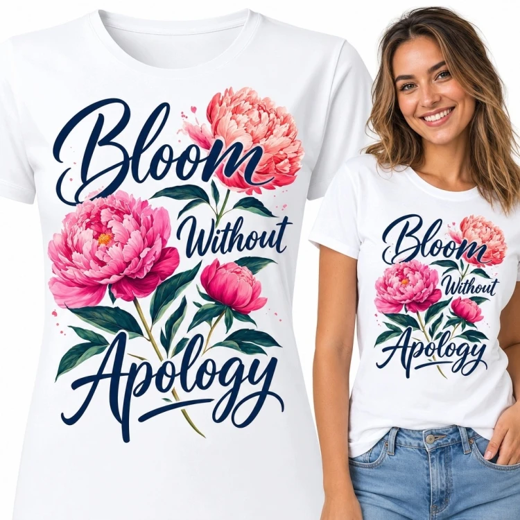 Koszulka damska z piwoniami i napisem „Bloom Without Apology” - kwiatowy motyw