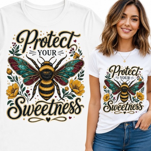 Koszulka damska z pszczołą i kwiatami „Protect Your Sweetness” - botaniczny wzór retro