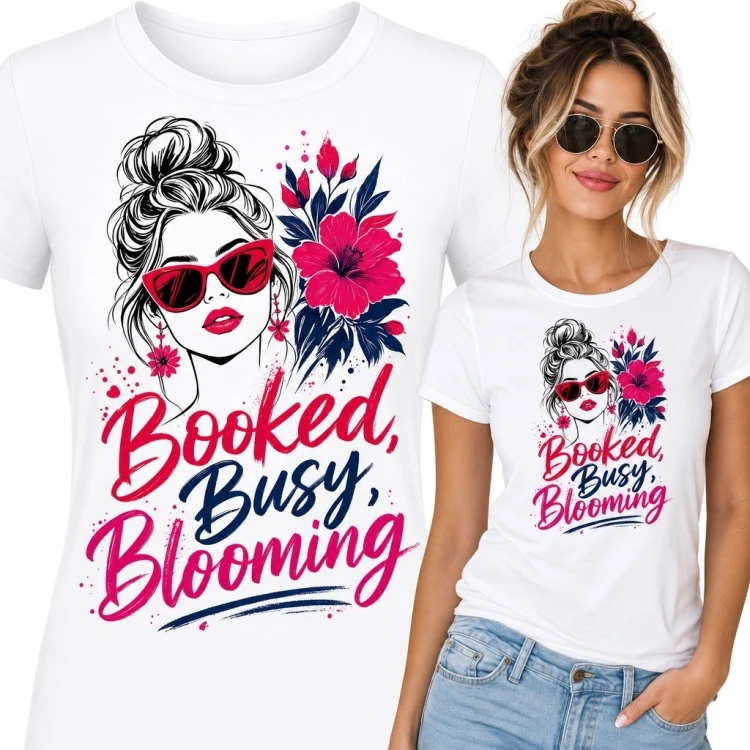 Koszulka damska z kwiatowym portretem i napisem „Booked, Busy, Blooming” - czerwone okulary