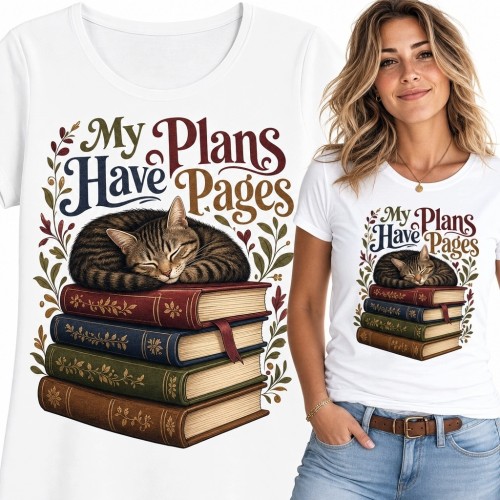 Koszulka damska z kotem na książkach „My Plans Have Pages” - wzór retro
