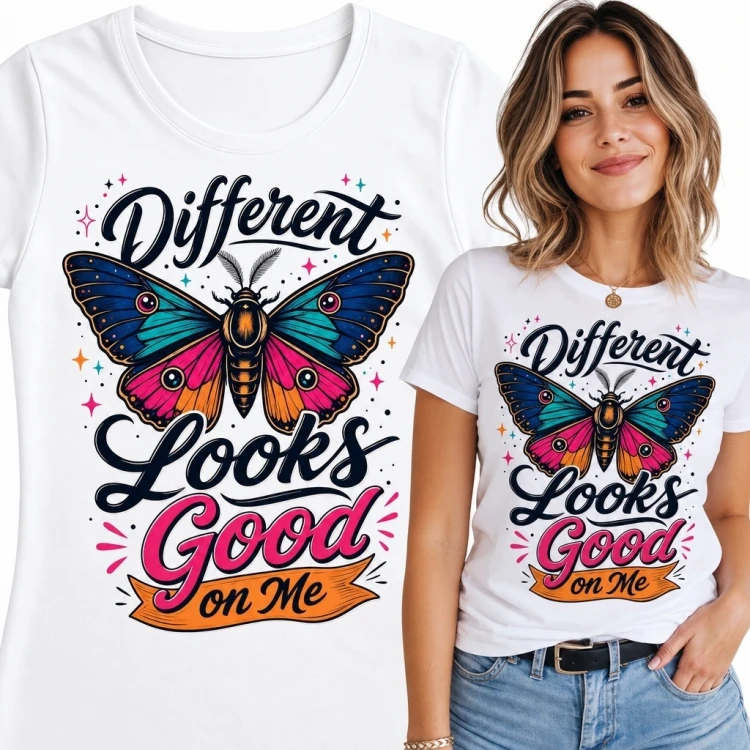 Koszulka damska z kolorowym motylem „Different Looks Good on Me” - retro