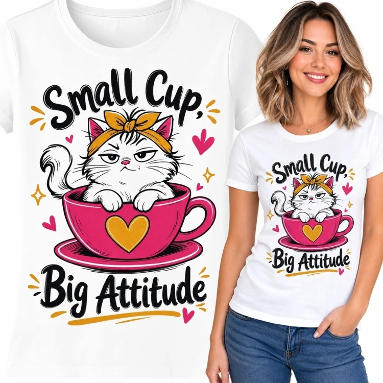 Koszulka damska z kotem w filiżance „Small Cup, Big Attitude” - koci humor