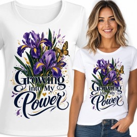 Koszulka damska z fioletowymi irysami i motylem „Growing into My Power” - motywujący wzór