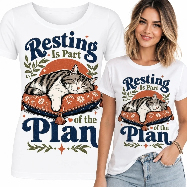 Koszulka damska z kotem i napisem „Resting Is Part of the Plan” - retro