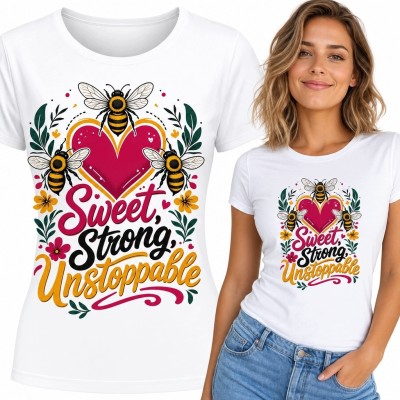 Koszulka damska z sercem i pszczołami „Sweet, Strong, Unstoppable” - motywacyjny wzór