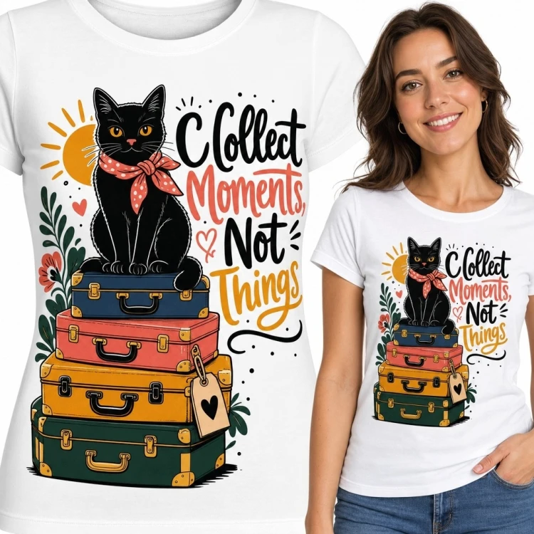 Koszulka damska z kotem na walizkach „Collect Moments Not Things” - podróżniczy wzór retro