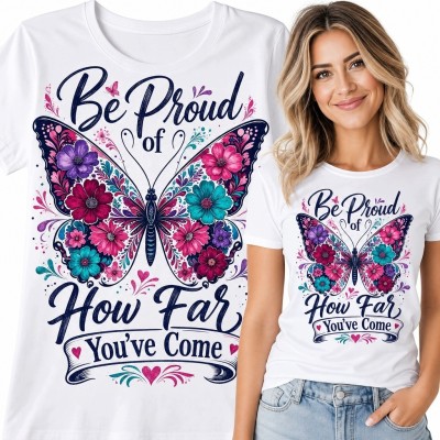 Koszulka damska z kwiatowym motylem - „Be Proud of How Far You've Come”