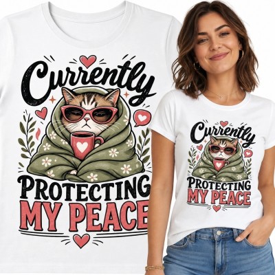 Koszulka damska z kotem „Currently Protecting My Peace” - motyw self-care