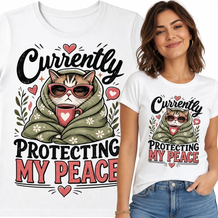 Koszulka damska z kotem „Currently Protecting My Peace” - motyw self-care