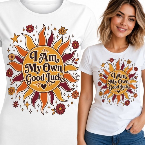 Koszulka damska z retro słońcem i napisem „I Am My Own Good Luck” - wzór boho