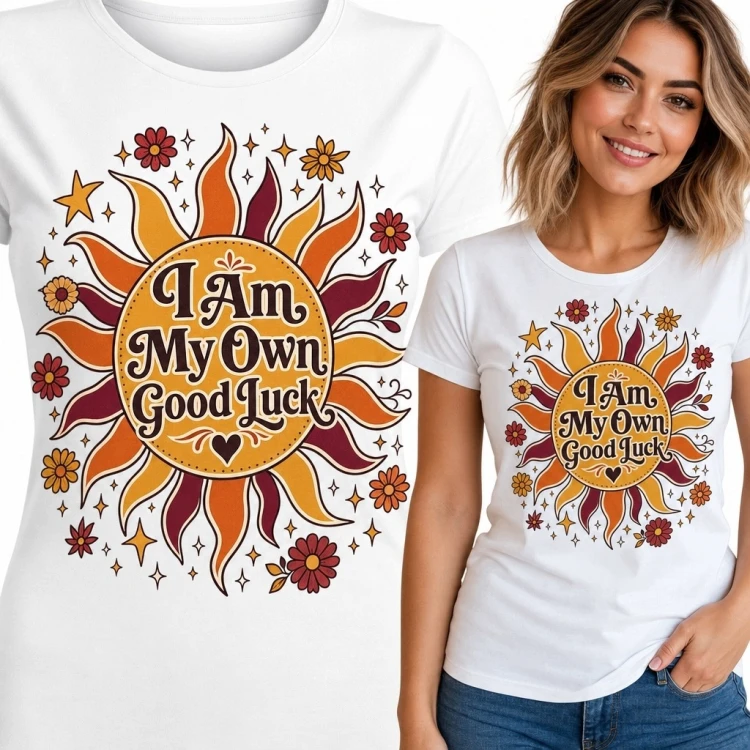 Koszulka damska z retro słońcem i napisem „I Am My Own Good Luck” - wzór boho