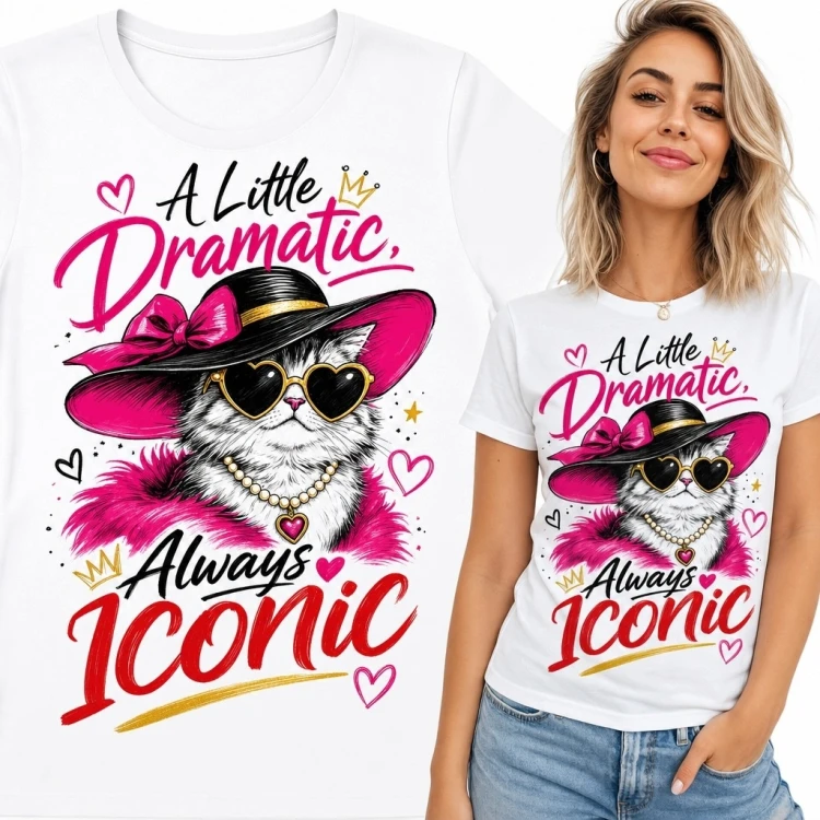 Koszulka damska z kotem glamour „A Little Dramatic, Always Iconic”
