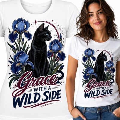 Koszulka damska z czarnym kotem i irysami - „Grace With a Wild Side”