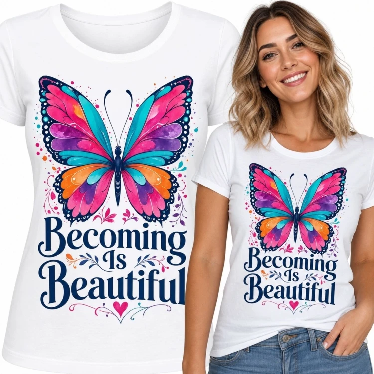 Koszulka damska z motylem i napisem „Becoming Is Beautiful”