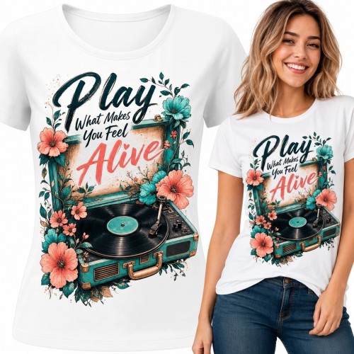 Koszulka damska z gramofonem i kwiatami „Play What Makes You Feel Alive”