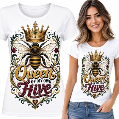 Koszulka damska z ukoronowaną pszczołą „Queen of My Own Hive” - królewski motyw