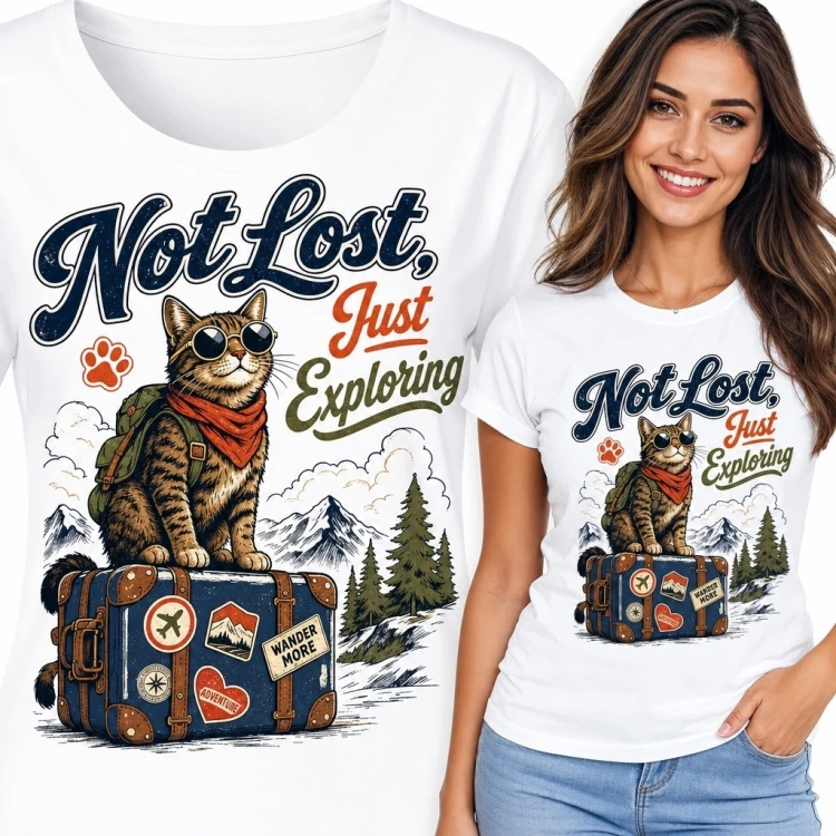 Koszulka damska z kotem podróżnikiem „Not Lost Just Exploring” - motyw górski retro