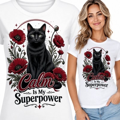 Koszulka damska z czarnym kotem i makami „Calm Is My Superpower” - botaniczny nadruk