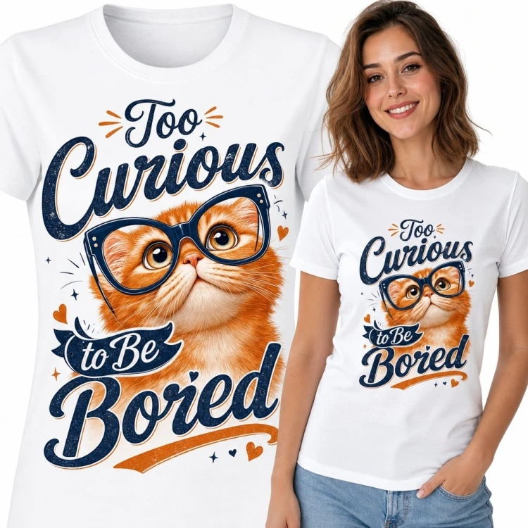 Koszulka damska z rudym kotem w okularach „Too Curious to Be Bored” - koci humor