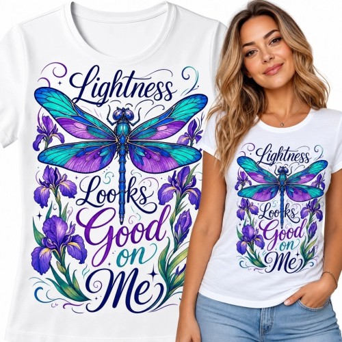 Koszulka damska z ważką i irysami „Lightness Looks Good on Me” - botaniczny wzór