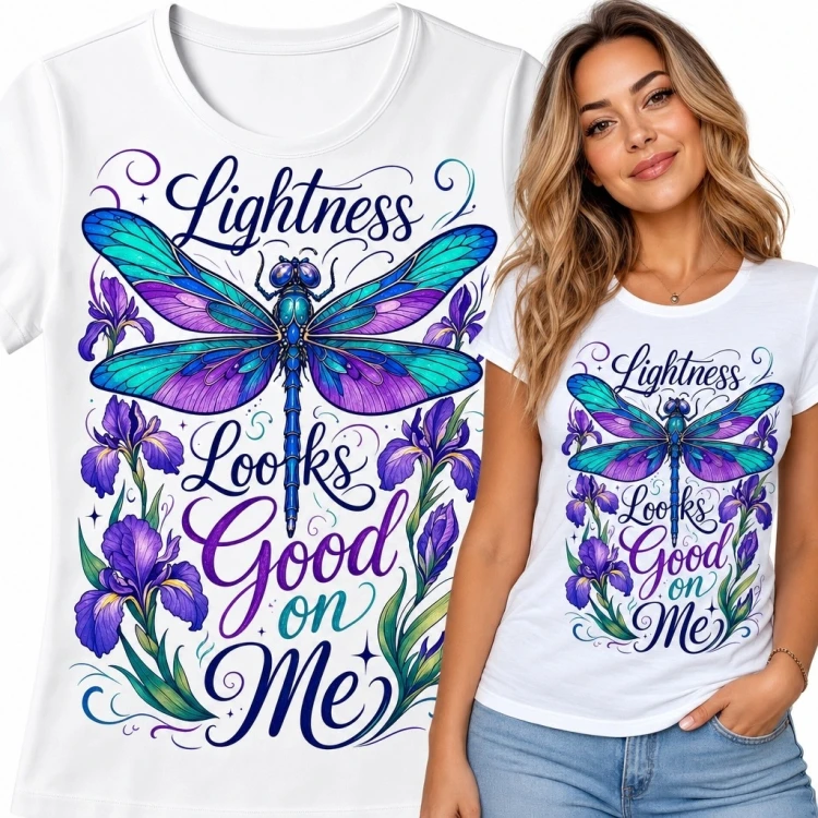 Koszulka damska z ważką i irysami „Lightness Looks Good on Me” - botaniczny wzór