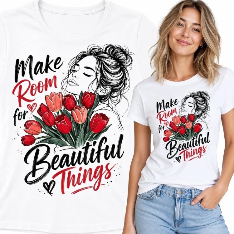 Koszulka damska z portretem kobiety i tulipanami - „Make Room for Beautiful Things”