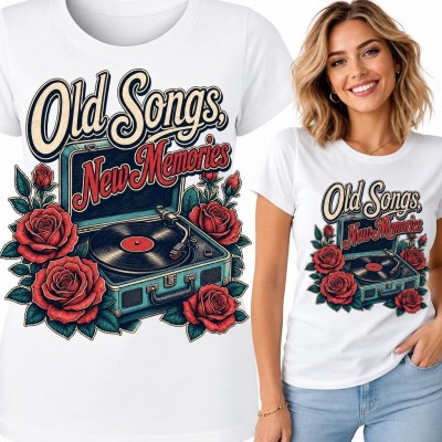 Koszulka damska z gramofonem, winylem i różami „Old Songs, New Memories” - muzyczny wzór retro