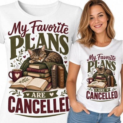 Koszulka damska z kotem i książkami „My Favorite Plans Are Cancelled”