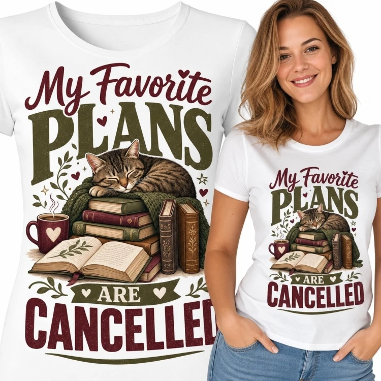 Koszulka damska z kotem i książkami „My Favorite Plans Are Cancelled”