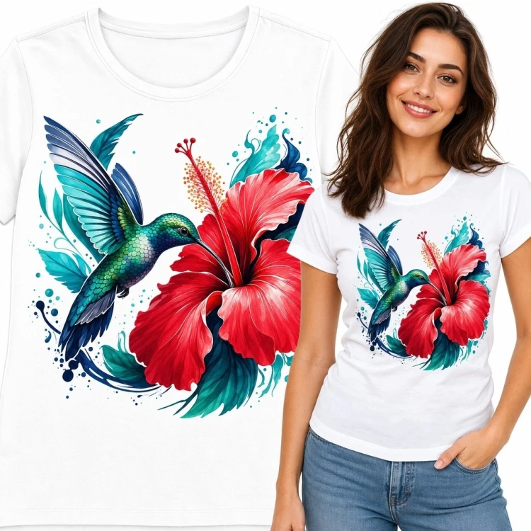 Koszulka damska z kolibrem i czerwonym hibiskusem - akwarelowy motyw