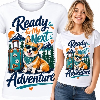 Koszulka damska z corgi i walizką „Ready for My Next Adventure” - podróżniczy nadruk