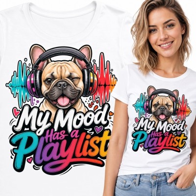 Koszulka damska z mopsem w słuchawkach „My Mood Has a Playlist” - kolorowy motyw muzyczny