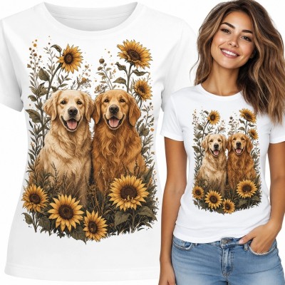 Koszulka damska z parą golden retrieverów i słonecznikami - duży nadruk