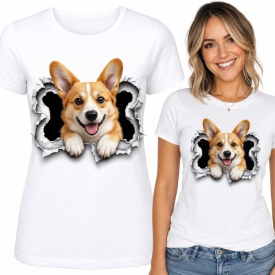 Koszulka damska z corgi wychylającym się przez graficzną wyrwę - efekt 3D