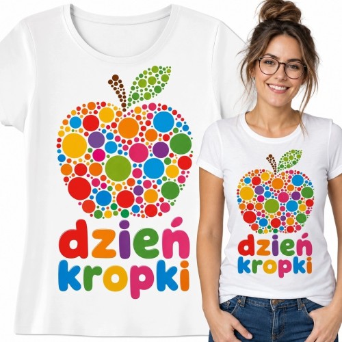 Koszulka damska na Dzień Kropki - jabłko z kolorowych kropek i dwuwierszowy napis „dzień kropki”