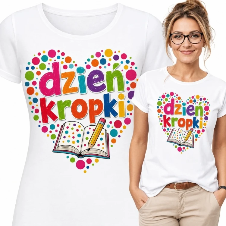 Koszulka damska „dzień kropki” na Dzień Kropki - kolorowe serce z książką i ołówkiem