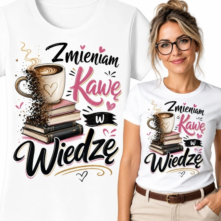 Koszulka damska „Zmieniam kawę w wiedzę” z filiżanką na stosie książek