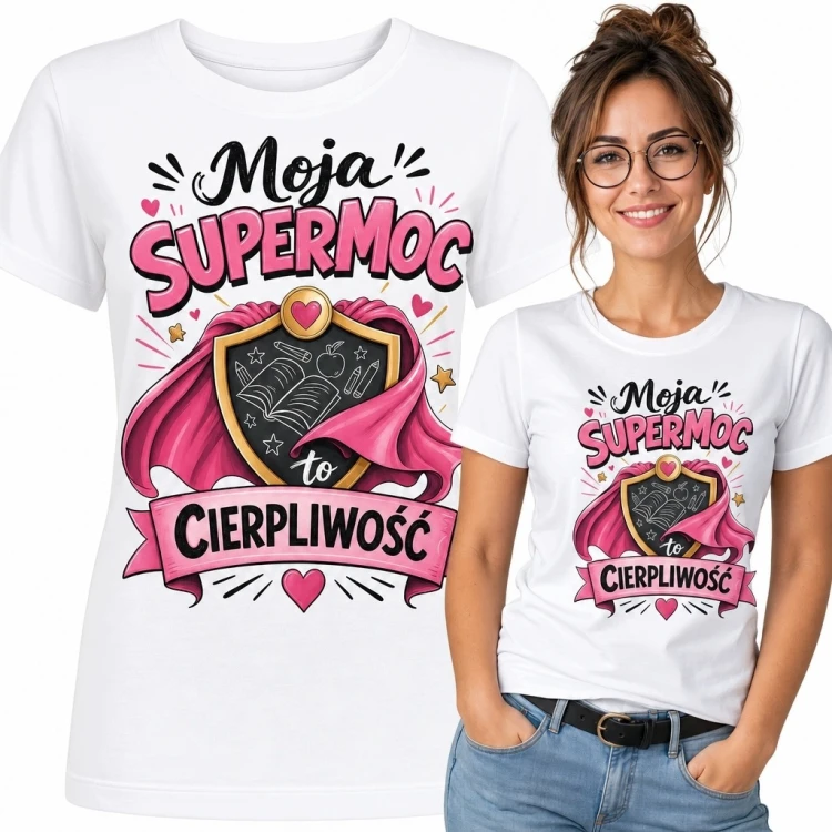 Koszulka damska dla nauczycielki „Moja supermoc to cierpliwość” - superbohaterski herb