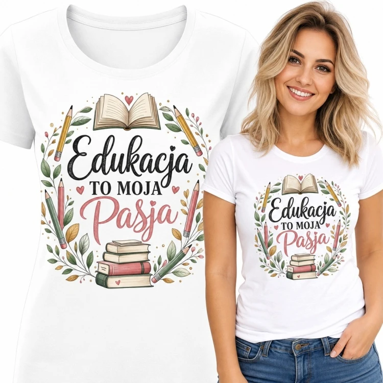 Koszulka damska dla nauczycielki „Edukacja to moja pasja” - książki i botaniczny wieniec