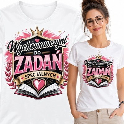 Koszulka damska dla wychowawczyni „Wychowawczyni do zadań specjalnych” - korona i książka