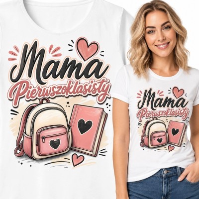 Koszulka damska „Mama Pierwszoklasisty” - szkolny motyw z sercami