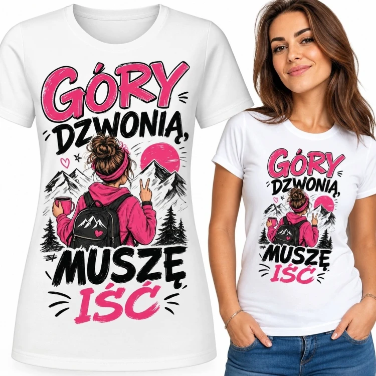 Koszulka damska z turystką w górach „Góry dzwonią, muszę iść”