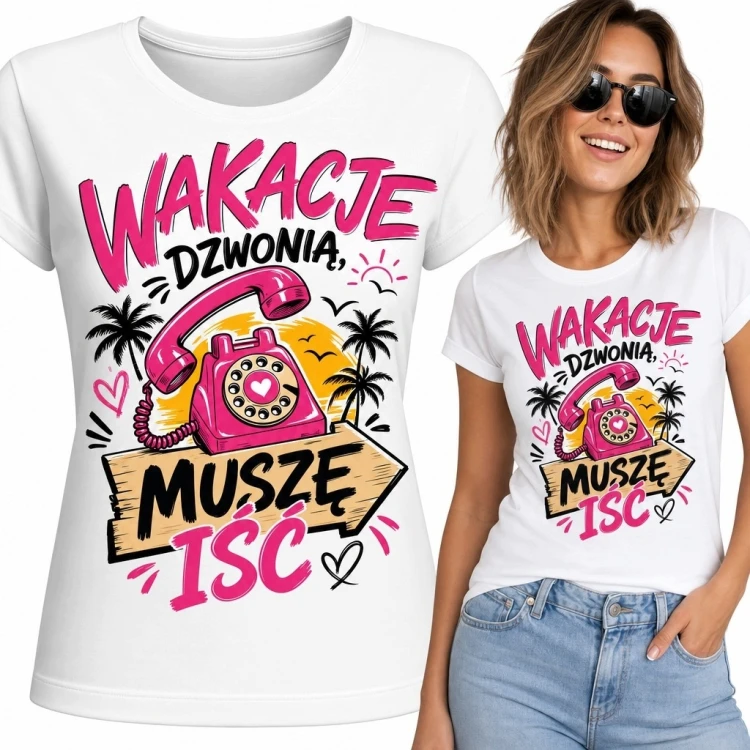 Koszulka damska z różowym telefonem i palmami - „Wakacje dzwonią, muszę iść”