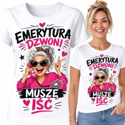 Koszulka damska na emeryturę „Emerytura dzwoni, muszę iść” - pop-artowa seniorka