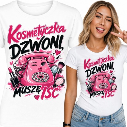 Koszulka damska dla kosmetyczki „Kosmetyczka dzwoni! Muszę iść” - różowy telefon retro